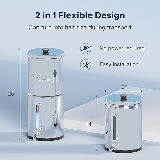 Purewell 3.5G Family-Sized Gravity Water Filter System, 3-Stage 0.01μm Ultra-Filtration Stainless Steel Countertop System with 4 Filters and Stand, Reduce 99% Chlorine, PW-3.5G