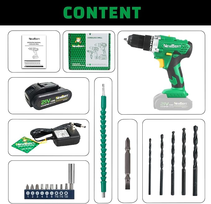 Power Drill Set - 21V MAX Power Drill Driver, Electric Cordless Drill with Battery and Charger, 3/8" Keyless Chuck, 2 Variable Speed, 25+1 Torque Setting Power Tools for Home and DIY Project
