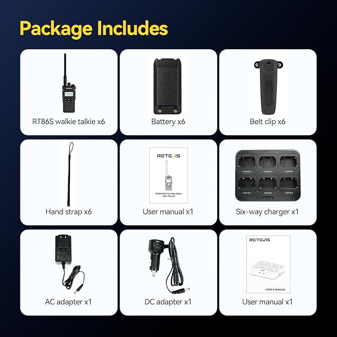 Retevis RT86S Heavy Duty 2 Way Radio Long Range, High Power Walkie Talkies, NOAA, Group Call, Emergency Alarm, 2600mAh,6 Way Charger, Waterproof Radio for Commercial, Industrial, School(6 Pack)