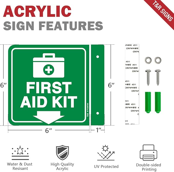 T&R First Aid Kit Sign, First Aid Kit with Down Arrow - 2 Pack - 6 x 6 Inches Acrylic, 2 pre-drilled holes, Includes Matching Screws, Use for Office/Business