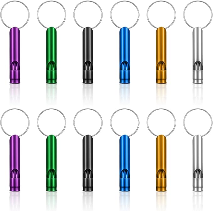 12 Pcs Emergency Whistle with Key Chain, Loud Hiking Safety Whistles for Women Defense, Aluminum Survival Whistle Key Chain for Hunting, Outdoor Sports (6 Colors)