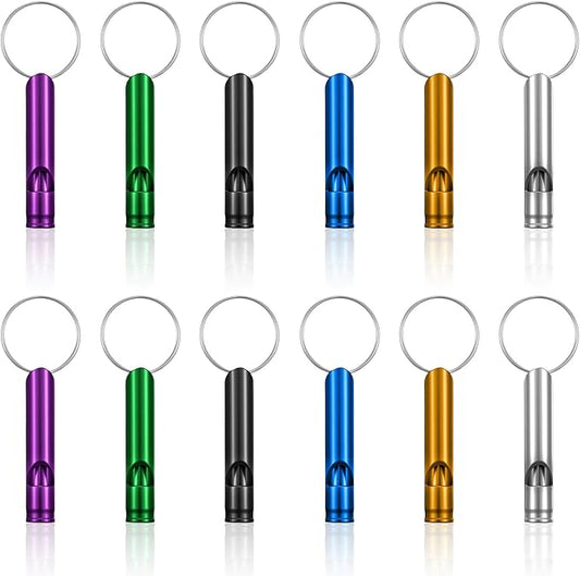 12 Pcs Emergency Whistle with Key Chain, Loud Hiking Safety Whistles for Women Defense, Aluminum Survival Whistle Key Chain for Hunting, Outdoor Sports (6 Colors)
