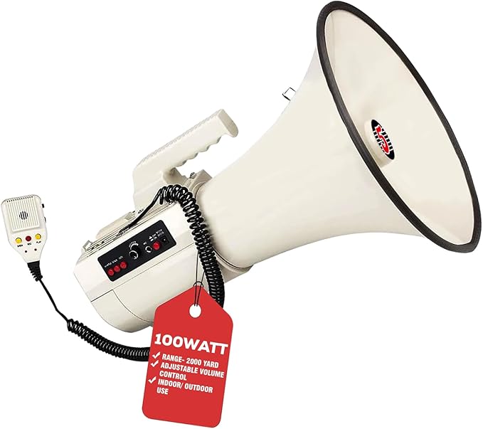 5 CORE Megaphone 100W Bull Horn Professional PA Speaker w 2000 Yards Long Range Loud Siren Voice Amplifier USB/SD/3.5mm Aux Portable Megafono for Emergency Outdoor Sports and Coaches - 4501 USB
