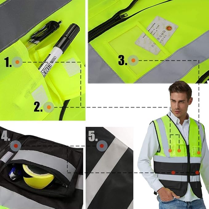 YOWESHOP High Reflective Visibility Safety Vest Custom Your Logo Safety Workwear with Reflective Strips and Front Zipper