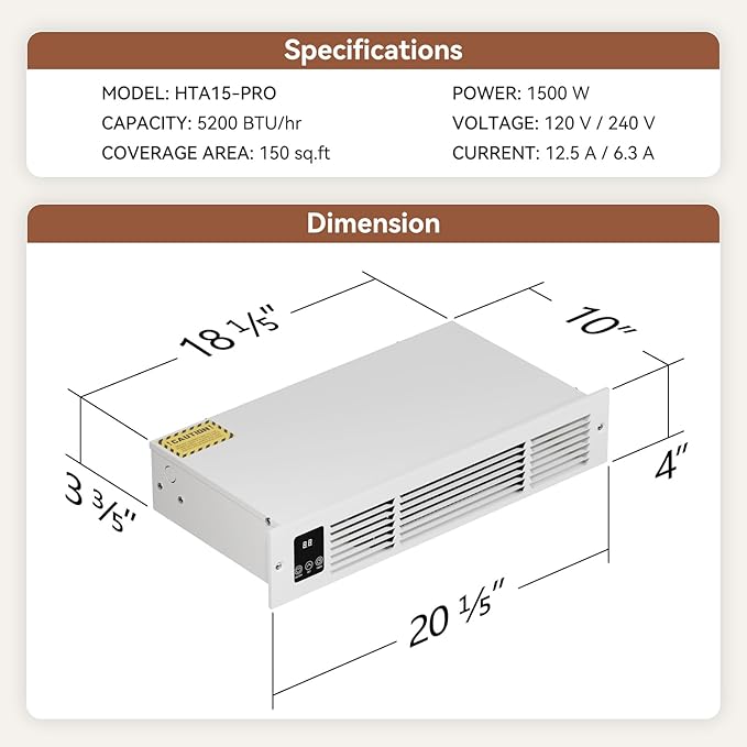 Electric Kickspace Heater with Built-In Thermostat and Timer, 1500W Plinth Heater HTA15-PRO for Cabinet Kickspaces, Vanities and Stairways, White