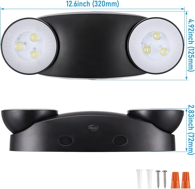 TORCHSTAR High Output LED Emergency Light, UL Listed, 800lm, AC 120-277V, Commercial Emergency Lights with Battery Backup, Two Adjustable Heads, Hardwired Exit Light Fixtures, Black, Pack of 2