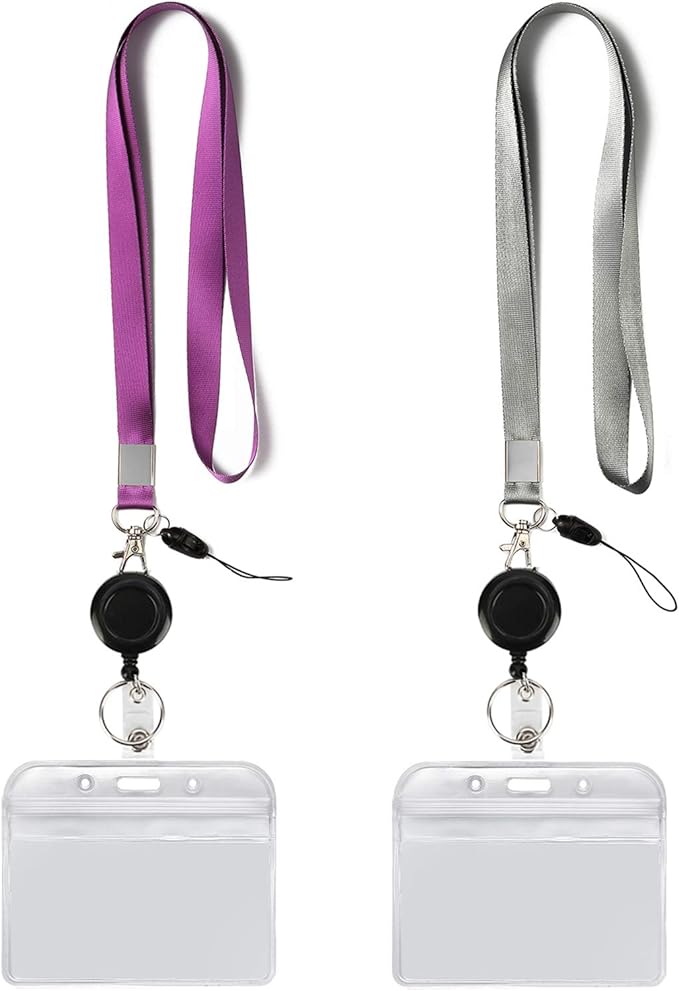 YOUOWO 2 Pack Lanyard with ID Badge Holders Horizontal and Retractable Badge Reel,Purple Grey Office Neck Lanyards with id Card Holder Punched Zipper Waterproof Resealable