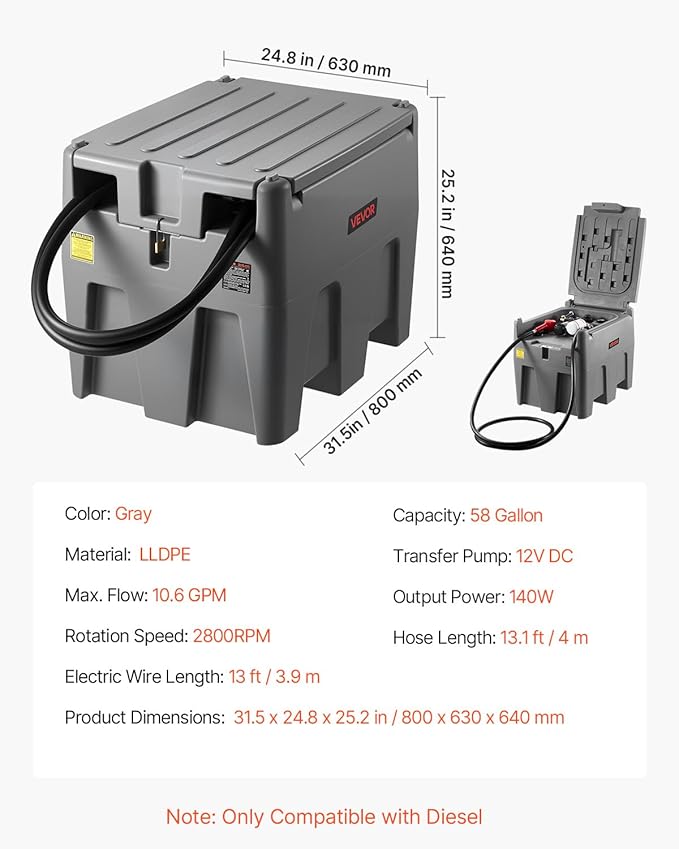 VEVOR Portable Diesel Tank, 58 Gallon Capacity & 10 GPM Flow Rate, Fuel Tank with 12V Electric Transfer Pump and 13.1ft Rubber Hose, PE Diesel Transfer Tanks for Easy Fuel Transportation, Grey