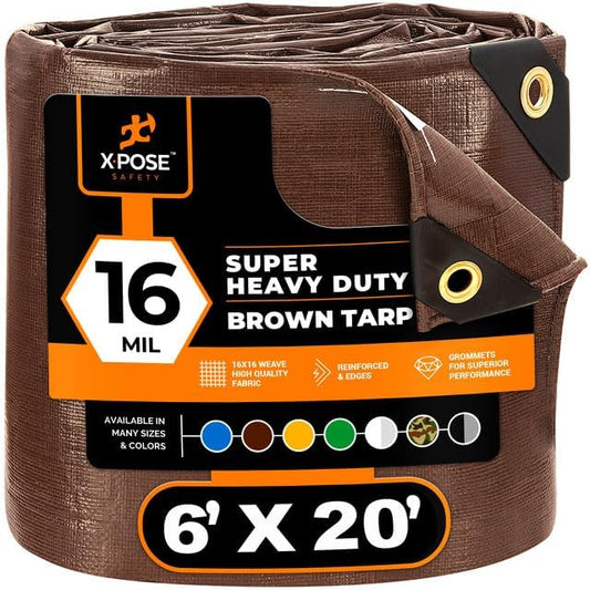 6' x 20' Super Heavy Duty 16 Mil Brown Poly Tarp Cover - Thick Waterproof, UV Resistant, Rip and Tear Proof Tarpaulin with Grommets and Reinforced Edges - by Xpose Safety