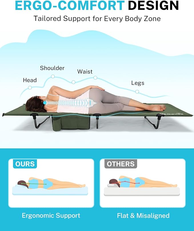 Gonex 31.5" Extra Wide Camping Cot with Premium Pillow Pocket Supports 350lbs, Portable Ultralight Folding Cot Bed for Adults Travel, Beach, Home, Sleeping (Army Green)
