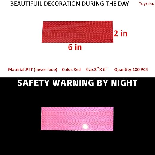 Non Fading Red Reflective Stickers 2 inch X 6 inch, Outdoor Waterproof High Visibility Warning Safety Adhesive Reflector Tape (100 Pcs)
