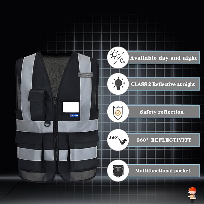 Reflective Security Safety Vests Heavy Duty with 7 Pockets and Front Zipper