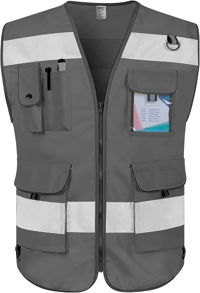 TCCFCCT Grey Safety Vest for Men Women 9 Pockets High Visibility Reflective Vest for Safety, Work Vest with Reflective Strips, Meets ANSI/ISEA Standards, Large