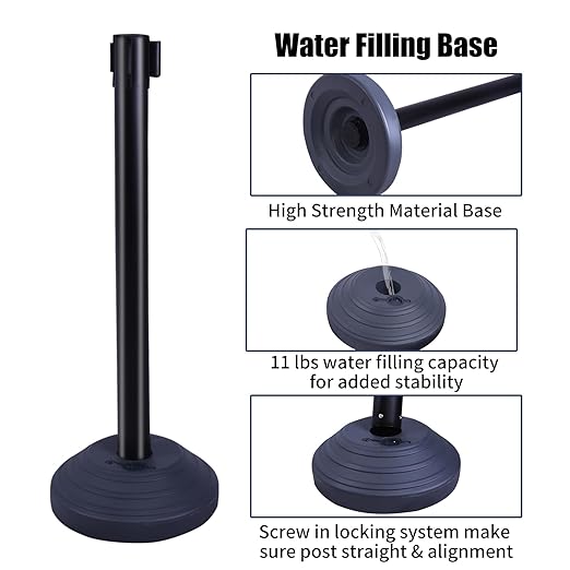 6PACK BESEA Crowd Control Stanchions with 10 FEET Retractable Belts, Water Filled Base Weighted Barriers Black Post