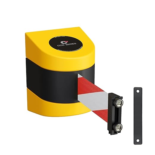 Crowd Control Warehouse - CCW Series WMB-220 Magnetic Wall Mount Retractable Belt Barrier - 15 Foot, Red and White Diagonal Belt with Yellow ABS Case