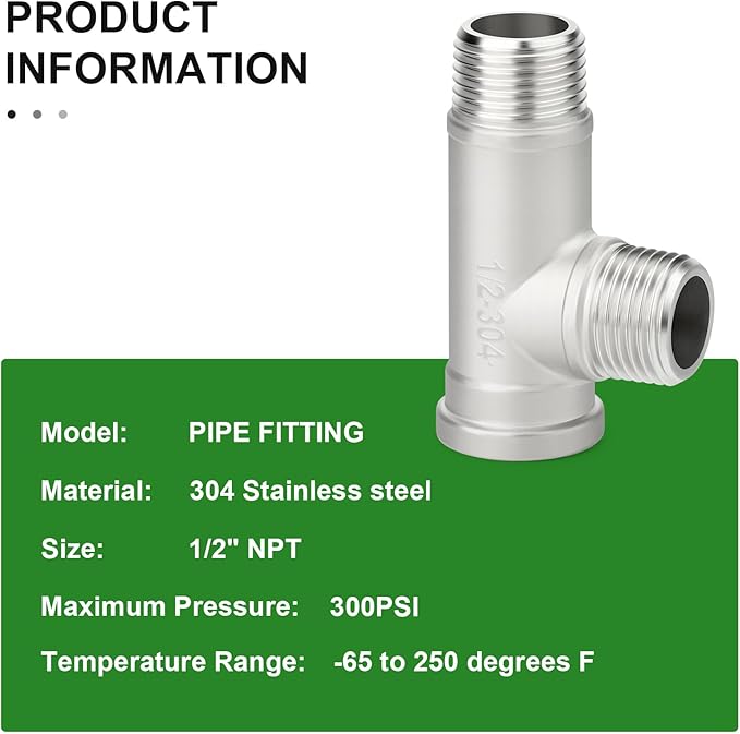 TAISHER 2PCS 304 Stainless Steel Tee Pipe Fittings, 1/2" NPT Female x 1/2" NPT Male x 1/2" NPT Male Extension Pipe Fittings, Female Run Tee