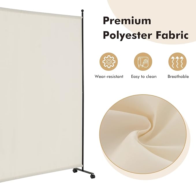 Giantex Room Divider Large Single Panel, 73''W x 73''H Privacy Screen with Lockable Wheels, Rolling Room Divider Panel for Home Office Studio, Partition Fabric Wall Divider for Room Separation, Beige