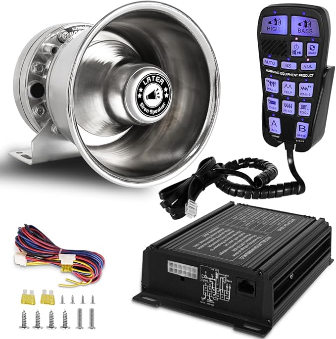 Upgrade 250W Emergency Police Siren Speaker Multi-Tones Slim PA System Sirens with Handheld Controller & Mic Microphone Warning Electronic Alarm Sounds Horn Kit for Tow Truck Vehicles Car Pickup