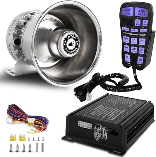 Upgrade 250W Emergency Police Siren Speaker Multi-Tones Slim PA System Sirens with Handheld Controller & Mic Microphone Warning Electronic Alarm Sounds Horn Kit for Tow Truck Vehicles Car Pickup