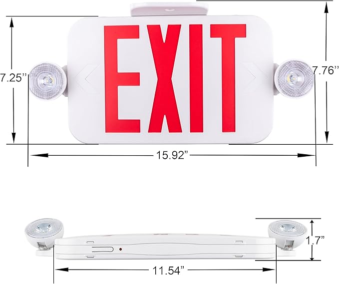 LIT-PaTH LED Combo EXIT Sign with 2 Adjustable Head Lights and Doube Face, Back Up Batteries- US Standard Red Letter Emergency Exit Lighting, UL 924 and CEC Qualified, 120-277 Voltage, 1-Pack