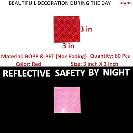 Red Reflective Stickers 3 inch X 3 inch, Outdoor Waterproof High Visibility Warning Safety Adhesive Reflector Tape (60 Pcs)