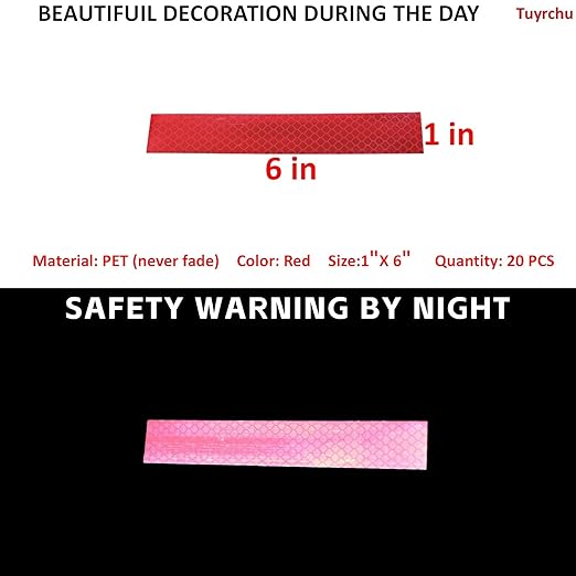 Non Fading Red Reflective Stickers 1 inch X 6 inch, Outdoor Waterproof High Visibility Warning Safety Adhesive Reflector Tape (20 Pcs)