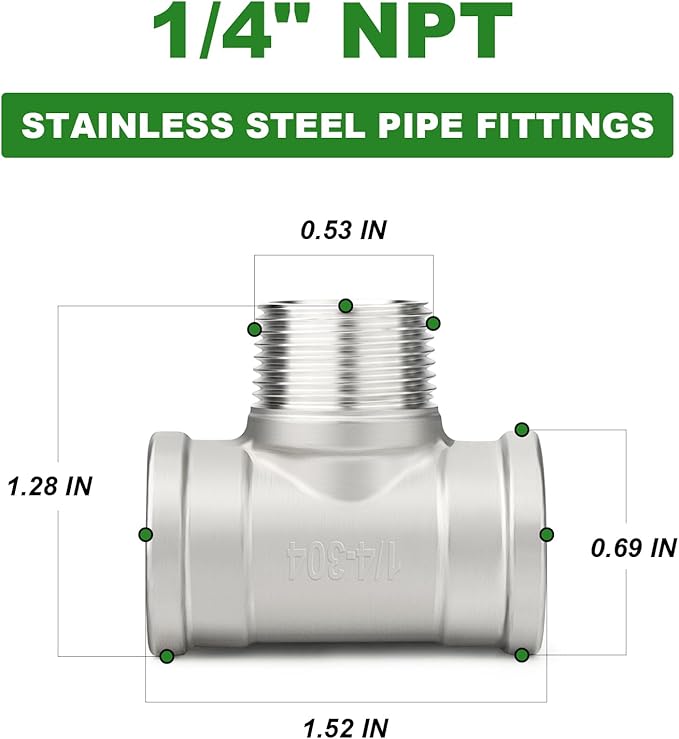 TAISHER 2PCS 304 Stainless Steel Tee Pipe Fittings, 1/4" NPT Female x 1/4" NPT Male x 1/4" NPT Female Pipe Fittings, Male Branch Tee