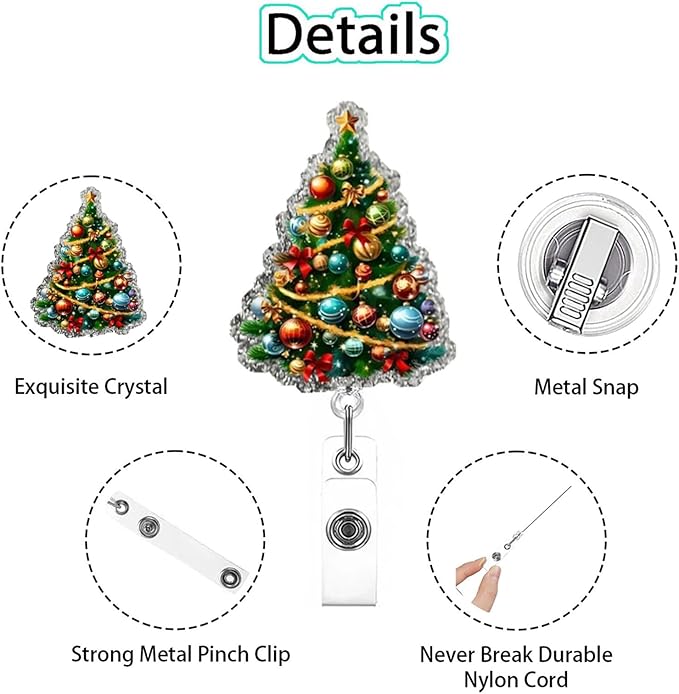 Christmas Badge Holder Cute Christmas Tree Badge Reel Retractable Acrylic Badge Reels Sparkly ID Name Tag Colorful Balls Xmas Tree Badge Clip for Nurse Student Teacher Office Decoration Party Favors