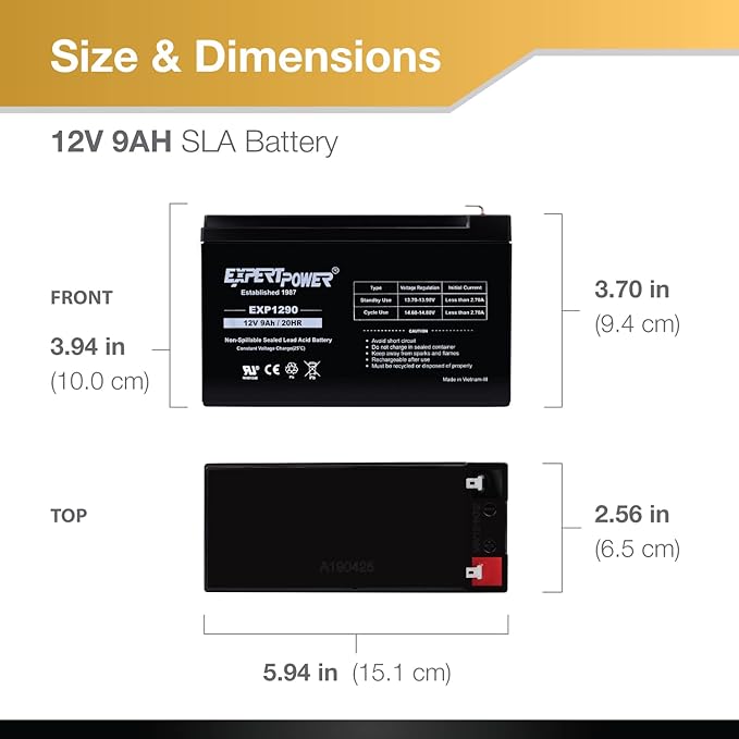 ExpertPower 12v 9ah Sealed Lead Acid Battery with F2 Terminals (.250")/2 Pack