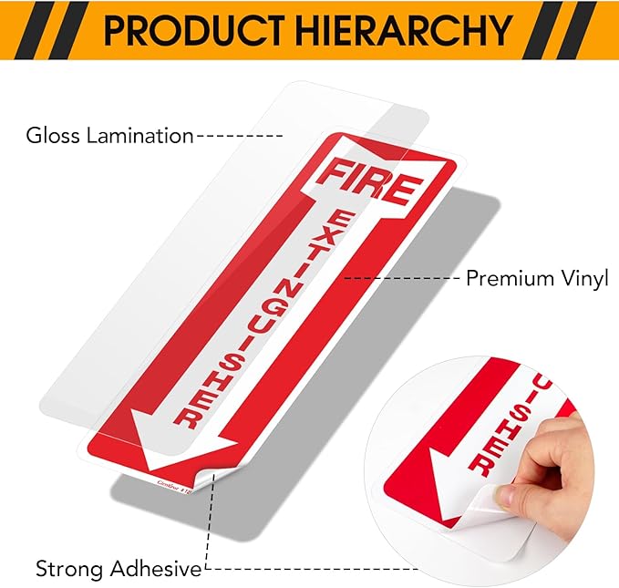 12 Pack Fire Extinguisher Sign, 12" X 4" Safety Sticker Signs, Fire Extinguisher Arrow Safety Signs, Self Adhesive, Weatherproof and UV Protected, Ideal for Office/Business, Home and Outdoor