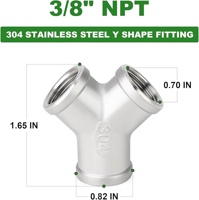 TAISHER 2PCS 304 Stainless Steel Y Shape 3 way Pipe Fittings, 3/8" x 3/8" x 3/8" NPT Female Pipe Fittings