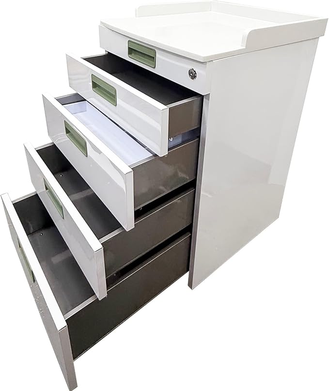 4 Drawer Dental Assistant's Mobile Cabinet Stainless Steel Office File Storage Cart Moving Side Cabinet Mobile Utility Storage Cart with 2 Trays for Dental Medical Office White and Green
