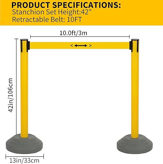 BESEA Crowd Control Stanchions with 10 FEET Retractable Belts, Water Filled Base Weighted Barriers Yellow Post 6PACK