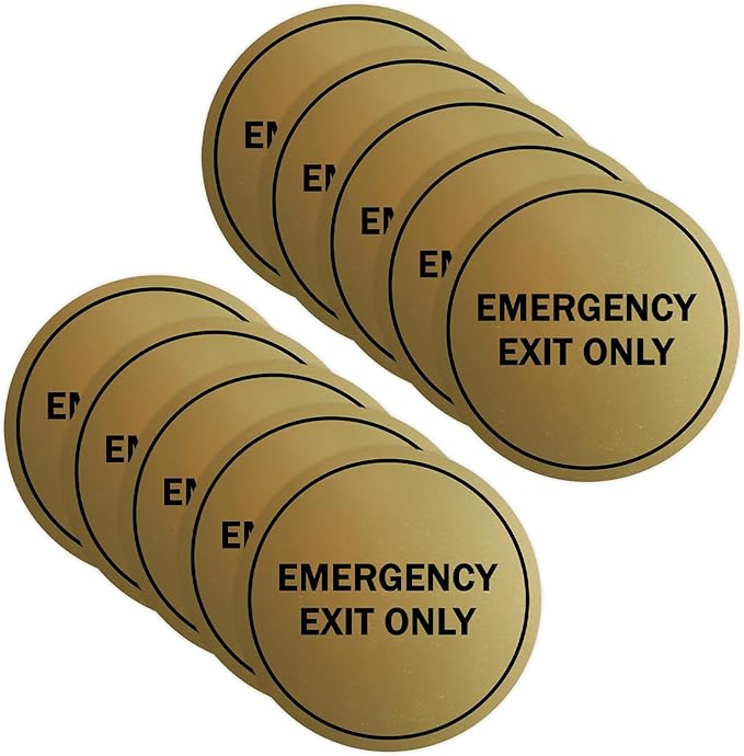 Signs ByLITA Circle Emergency Exit Only Sign (Brushed Gold) - Medium 10 Pack