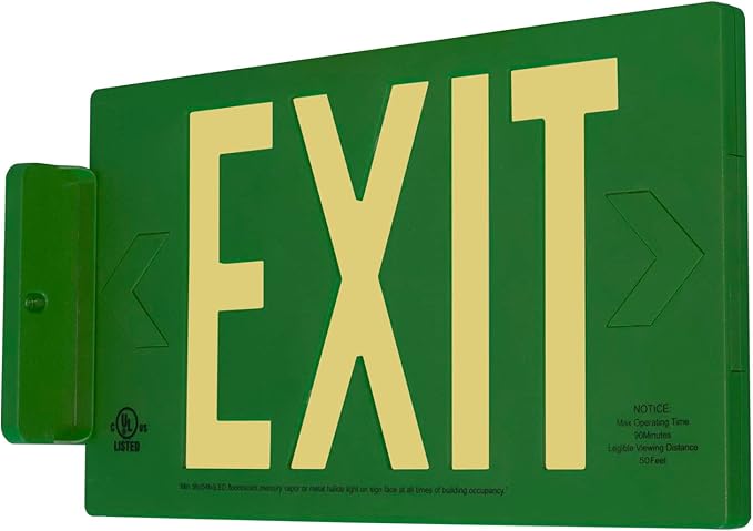 LFI Lights® UL 924 Listed 50’ Photoluminescent Exit Sign, Green Thermoplastic Housing, Double Sided, Wall, Ceiling or Side Mount, Optional Arrows, Glow in the Dark, No Power or Battery Needed, PA3G50D
