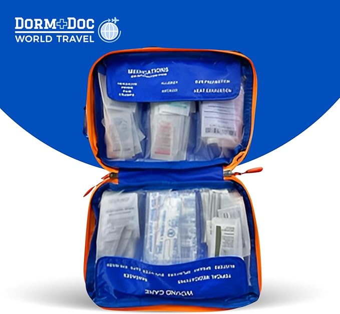 DormDoc Sports Pack First Aid Kit – Compact Emergency Medical Kit for Sports – with Bandages, OTC Medicines for Relief, Gauze, Quick Care Set – Portable Health Kit - 125 PCS, Blue