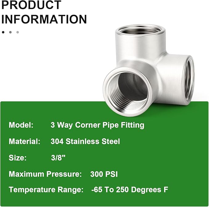 TAISHER 2PCS 304 Stainless Steel 3 Way Corner Pipe Fittings, 3/8" x 3/8" x 3/8" Female Pipe Fittings