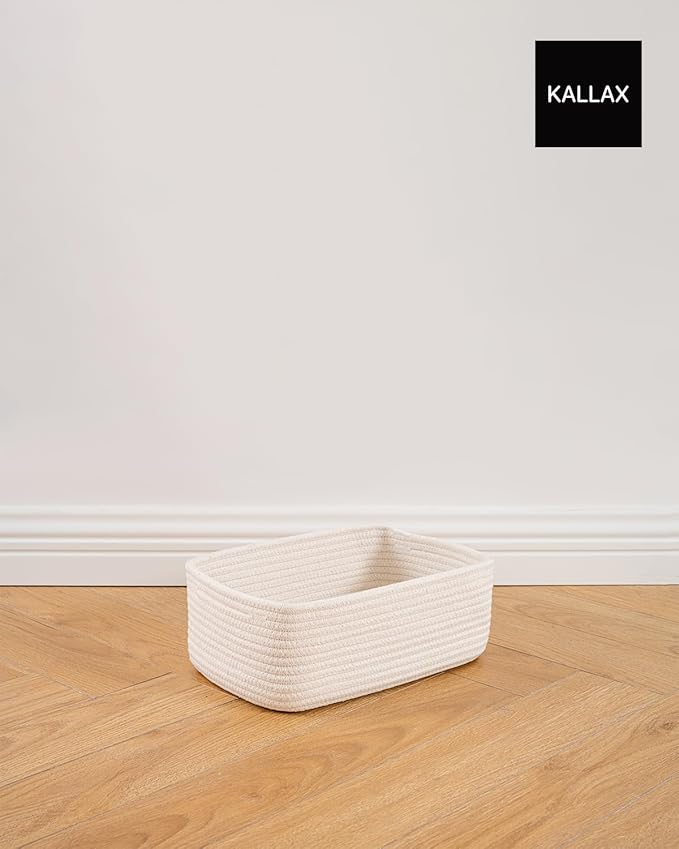 Small Woven Basket, 12 x 8 x 4.5 Inches, Storage Basket for Organizing, Cute Small Rope Shelf Closet Cube Storage Bins Baskets for Shelves, Dog Toy Gift Baskets Empty, 3 Packs, Off White