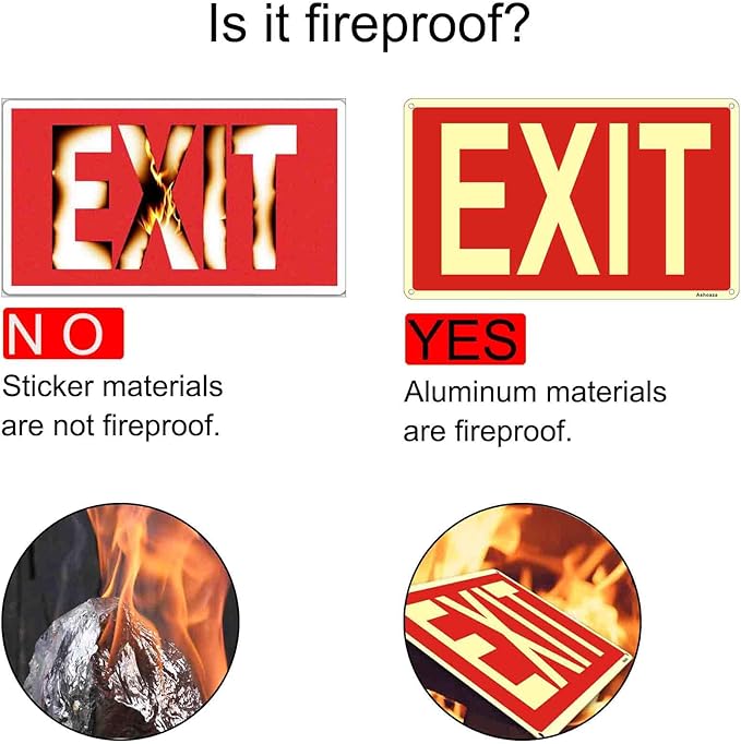 Glow in the Dark Exit Sign Aluminum - 2 Pcs 12x7 In - Ultimate UV, Weather & Fade Resistance, Indoor & Outdoor for Business, School, Office, Warehouse (Fire Emergency Signs), Includes accessories