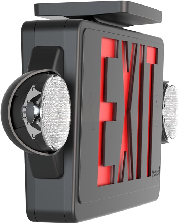 Lithonia Lighting LHQM Quantum LED Exit Sign/Emergency Light Combo, Exit Sign and Emergency Lights for Business, 2-Head Fixture, Red Letters, 180 Lumens, MVolt, 4 Watts, Black