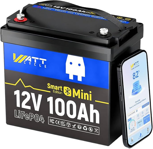Wattcycle 12V 100Ah LiFePO4 Lithium Battery with Bluetooth,12V Mini 100A Smart BMS, BCI Group 24, Support Monitoring Battery via Phone Bluetooth 15000 deep Cycles