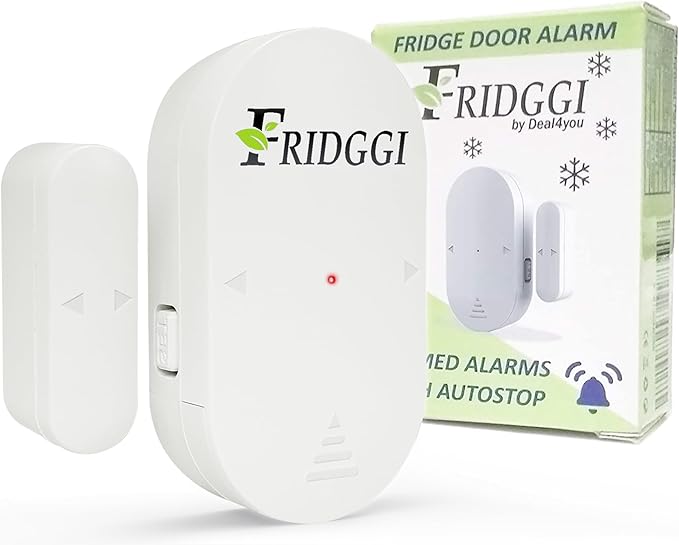 Freezer Door Alarm with 60 Second Delay, 2, 3, and 4 Minute Reminders, Refrigerator and Fridge Door Alarm or Chime, Low/Loud 80 to 110 dB – Compact Size. (White)