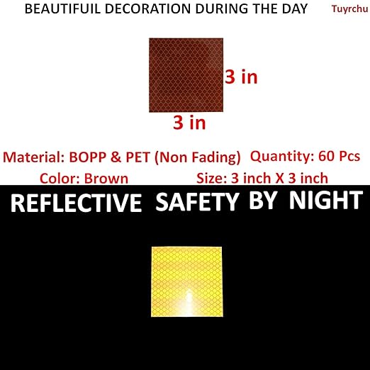Brown Reflective Stickers 3 inch X 3 inch, Outdoor Waterproof High Visibility Warning Safety Adhesive Reflector Tape (60 Pcs)