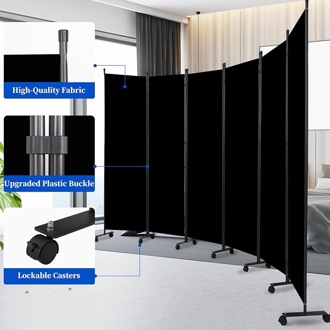 Room Divider 6FT Room Partition with Lockable Wheels, (Thicked Metal Base) Room Dividers, Freestanding Indoor Folding Privacy Screens, Portable Fabric Wall Divider for (Black, 132"- 6 Panel)