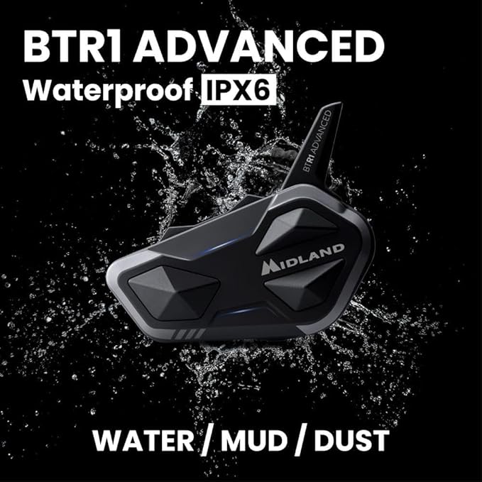 Midland BTR1 Advanced Motorcycle Bluetooth Headset – 4-Rider Intercom System with Wired and Boom Mic, RCF HD Sound, Music Sharing, DNK Noise Cancellation, FM Radio, IPX6 Waterproof (2 Pack, Black)