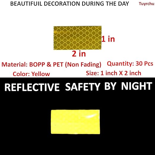 Yellow Reflective Stickers 1 inch X 2 inch, Outdoor Waterproof High Visibility Warning Safety Adhesive Reflector Tape (30 Pcs)