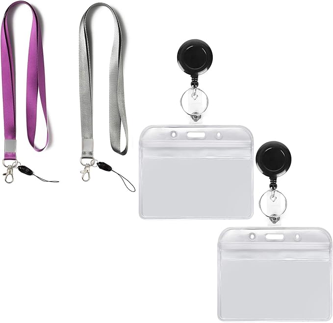 YOUOWO 2 Pack Lanyard with ID Badge Holders Horizontal and Retractable Badge Reel,Purple Grey Office Neck Lanyards with id Card Holder Punched Zipper Waterproof Resealable