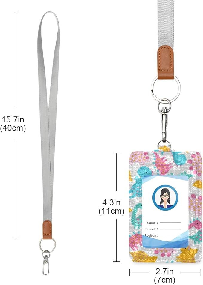 Dinosaur ID Badge Holder with Lanyard, Vertical Leather ID Badge Card Holder for Office Staff, School Teacher and Student