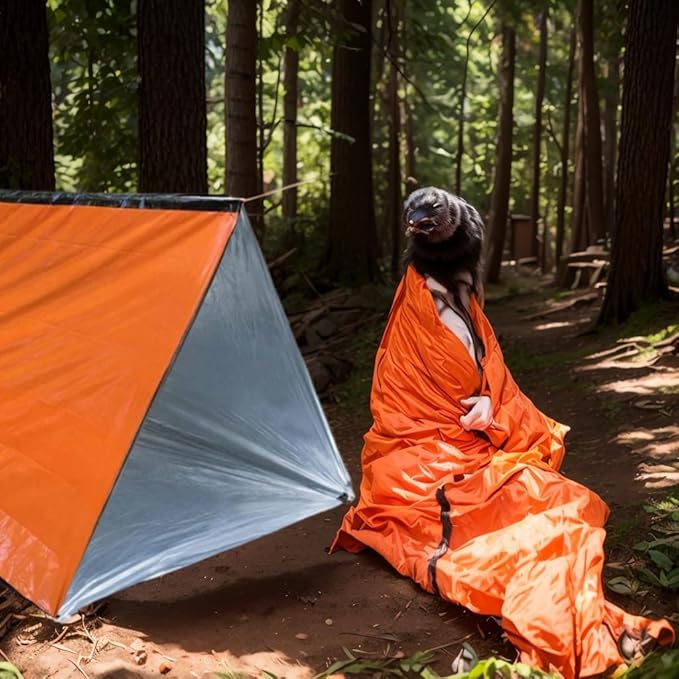 Survival kit 4 Pack, 1 Emergency Tent 1 Emergency Sleeping Bag 1 Mylar Blankets 1 Poncho with 4 Tac Bags for Outdoor Carcar Kits, Camping, Hiking Reuse Emergency Shelter.(Orange)