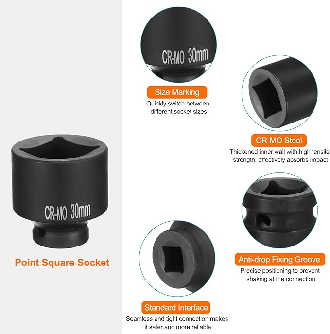 HARFINGTON 4 Point Square Socket 1/2" Drive 30mm Metric Square Impact Socket CR-MO Blackening Standard Wheel Sockets Pneumatic Socket Tool for Auto Repair Mechanical Maintenance Home Use